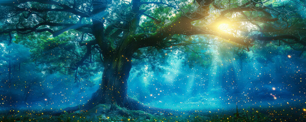 Fototapeta premium Enchanting Fairy Tree in Mystical Forest at Dawn with Glowing Fireflies and Ethereal Light Rays