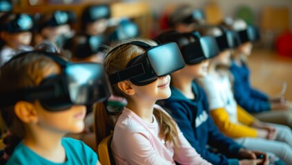 Children in the classroom wearing VR headsets, watching immersive educational experiences