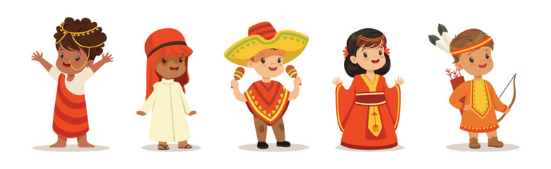 Kids Wearing National Costumes Of Different Countries Vector Set