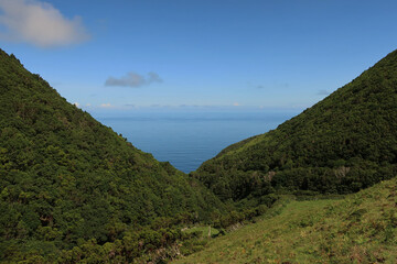 Naklejka premium View of the hiking trail starting in Serra do Topo - Caldeira Santo Cristo - Fajã dos Cubres in São Jorge island, Azores, Portugal.