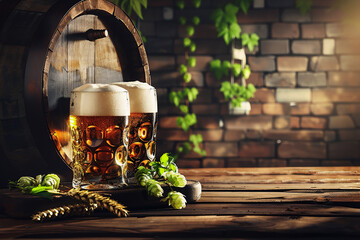 Beer keg and beer glasses with wheat and hops on a wooden table