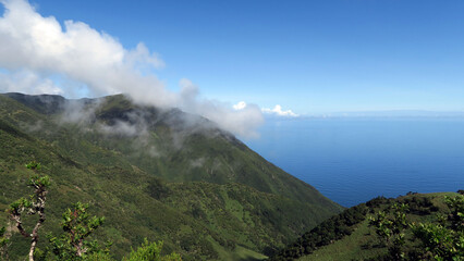 View of the hiking trail starting in Serra do Topo - Caldeira Santo Cristo - Fajã dos Cubres in São Jorge island, Azores, Portugal.