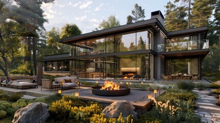 Obraz premium modern yet rustic suburban home with large glass windows, surrounded by a naturalistic garden with a fire pit and seating area