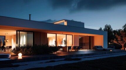 Fototapeta premium night view of a suburban farmhouse, illuminated by chic, minimalist outdoor lighting, showcasing the sharp architectural lines