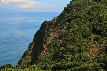View of the hiking trail starting in Serra do Topo - Caldeira Santo Cristo - Faj&atilde; dos Cubres in S&atilde;o Jorge island, Azores, Portugal.