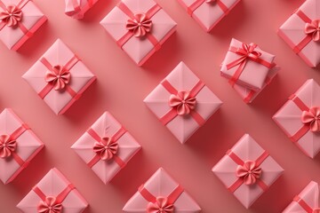 3D render of gift boxes pattern on red background