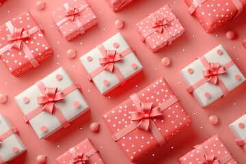 Obraz premium 3D render of gift boxes pattern on red background