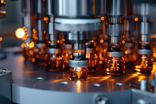 Close-up of a vial filling and capping machine in a pharmaceutical manufacturing facility