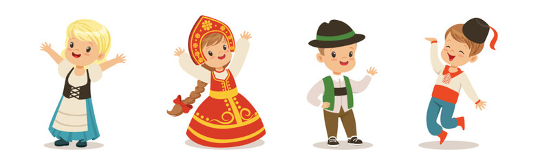 Kids Wearing National Costumes Of Different Countries Vector Set