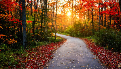 Naklejka premium Endless path autumn nature landscape background with sunset vibe
