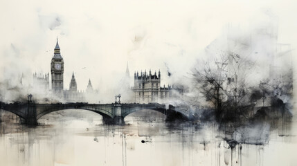 Fototapeta premium A detailed watercolor painting showcasing the iconic London River Thames and Big Ben.