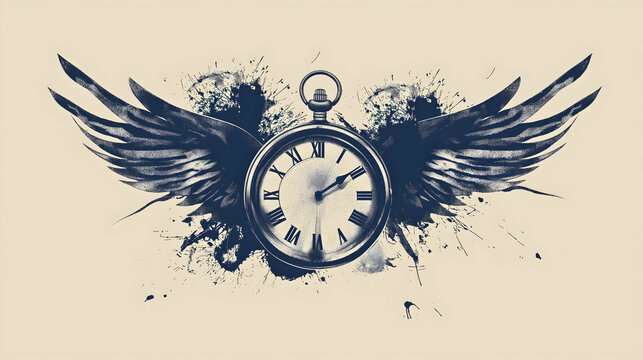 An illustrated clock with wings representing the passage of time, human lifespan, and endurance. It serves as a reminder that time constantly passes.