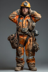 Fototapeta premium A young workman, full body wearing safety wear