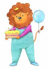 lion with cake and ballon