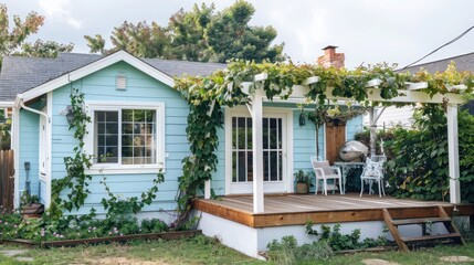 Obraz premium quaint suburban home with a pastel blue facade, white trim, and a small wooden deck with a pergola covered in climbing vines