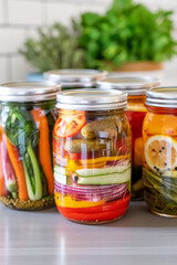 A row of jars filled with pickles and vegetables