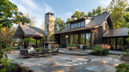 Fototapeta premium rustic-modern farmhouse with a large stone patio and an outdoor fireplace, nestled in a suburban neighborhood with lush foliage