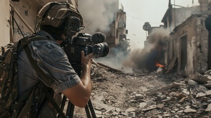 Fototapeta premium A journalist reports from the front lines of a conflict