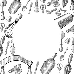 Vector border circular frame of vintage kitchen utensils in a sketch, line, engraving style