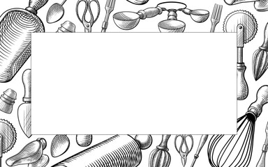 Vector border rectangle frame of vintage kitchen utensils in a sketch, line, engraving style