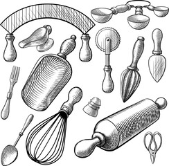 Vector set of vintage kitchen utensils in a sketch, line, engraving style