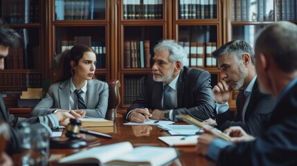 A meeting of legal experts and lawyers discussing in the office, business law firm consultant.