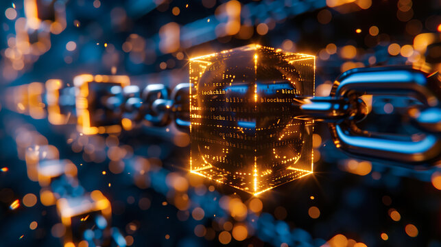 Linked cubes of light orange binary code in virtual reality. Concept of Blockchain security, encryption, mining and digital data transactions. Cryptocurrency. NFT non-fungible tokens. Peer-to-peer P2P