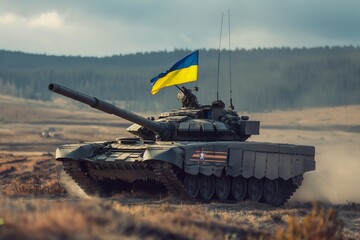 Military tank with Ukrainian flag