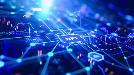 Obraz premium A NFT hologram display. Business office center with Artificial intelligence. Blockchain security, encryption, mining and digital transactions. Cryptocurrency. NFT non-fungible token. No people