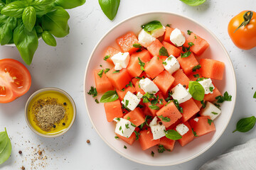 A plate of watermelon and feta cheese salad with a side of basil