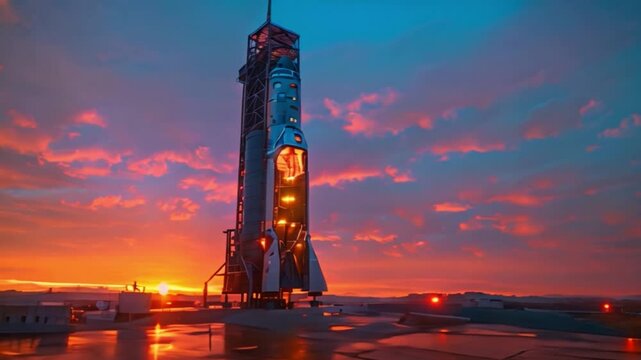 A reusable rocket prepares for launch against a stunning sunset backdrop, with vibrant colors painting the sky, evoking awe and wonder.