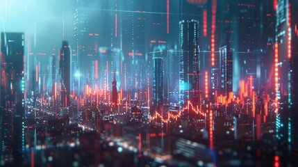 Abstract digital stock market graph in city backdrop, showing financial data and business growth in glowing light.