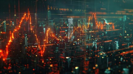 Fototapeta premium Abstract digital stock market graph in city backdrop, showing financial data and business growth in glowing light.