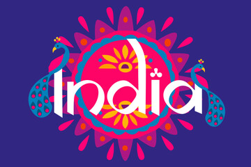 India colorful text banner. Handwriting white India inscription on purple background and floral patterns and flat peacock. Flat vector India Independence Day