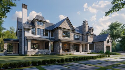 spacious modern farmhouse with an elegant stone facade and large bay windows, set in a tranquil suburban neighborhood