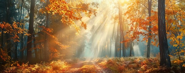 Sunbeams Piercing Through Autumnal Forest