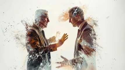 Naklejka premium An illustration of a conflict mediation concept, depicting a professional mediator facilitating a settlement and peace agreement process between two opposing parties to resolve a dispute.