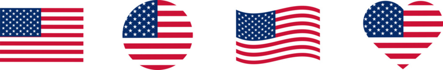 USA flag icons vector set. United States of America flat  badges.Flag of usa vector flat symbol collection.USA flag labels set.Set of American flag icons in the shape of heart.