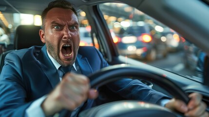 Angry male car driver yells at other drivers and pedestrians who obstruct traffic, mature adult businessman in a business suit is late for a business meeting in a car