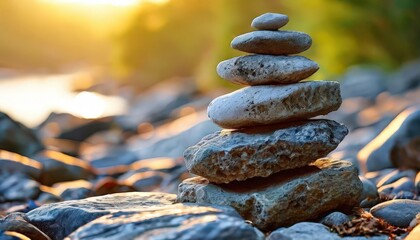 Tranquil Beach Scene: A Stack of Stones by the River