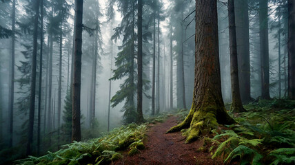 Obraz premium Enchanted Vintage Misty Fir Forest Landscape - Generative AI
