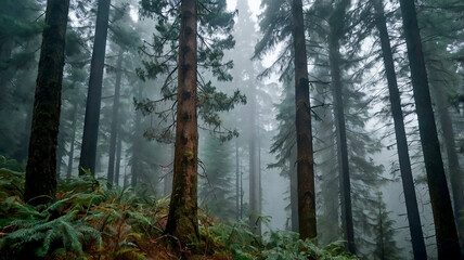 Fototapeta premium Enchanted Vintage Misty Fir Forest Landscape - Generative AI