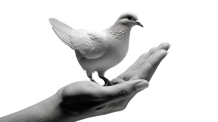 Fototapeta premium A white dove perched on a person's hand, symbolizing peace and harmony. Perfect for concepts of human connection and nature.