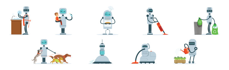 Robots Do Housework and Domestic Chores Vector Set