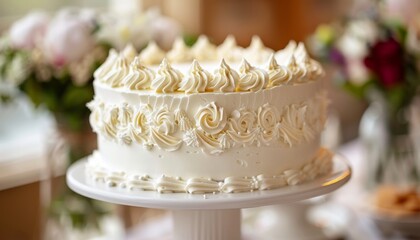 Fototapeta premium Gorgeous white cake with creamy topping on stand