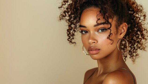 Gorgeous woman with fashionable jewelry curly ponytail and natural makeup exudes beauty and style