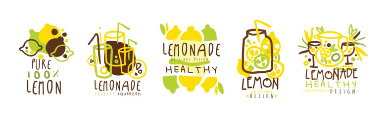 Squeezed Fresh Lemonade Yellow Badge Original Design Vector Set