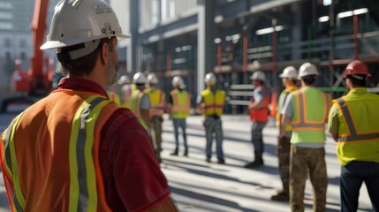 construction manager leading a team of construction professionals in a safety drill or emergency response exercise, ensuring preparedness