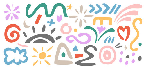 Hand drawn colorful abstract elements in modern trendy doodle style. Various shapes of different colors, organic forms, comic decorations isolated on white background. Colored flat vector illustration