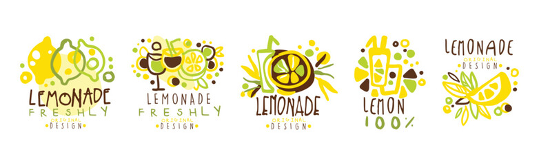 Squeezed Fresh Lemonade Yellow Badge Original Design Vector Set
